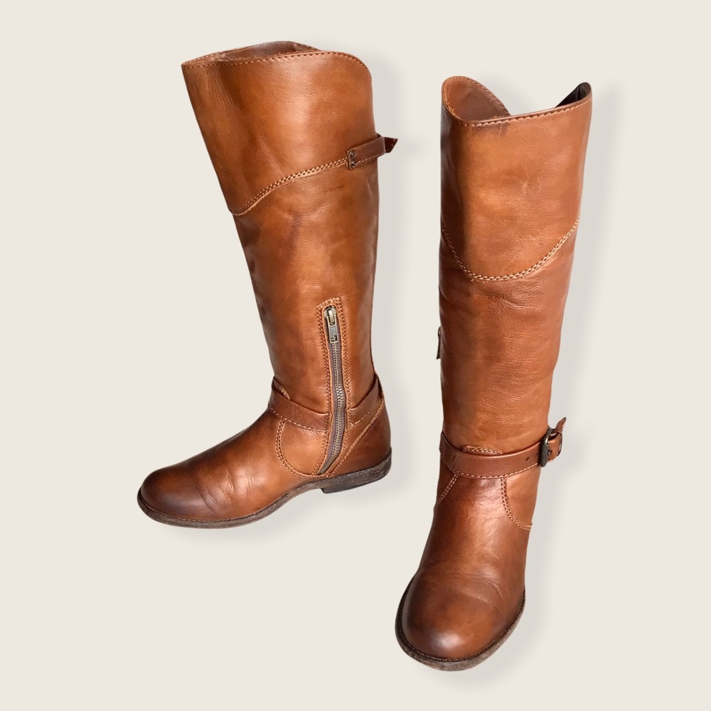 Frye Phillip Riding Knee High Cognac Real Leather Tall Buckle Vintage Low Boots - Picture 14 of 14
